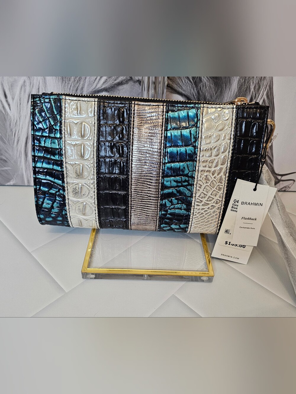Brahmin Daisy Wristlet Blue Patina Flashback NWT Leather Clutch